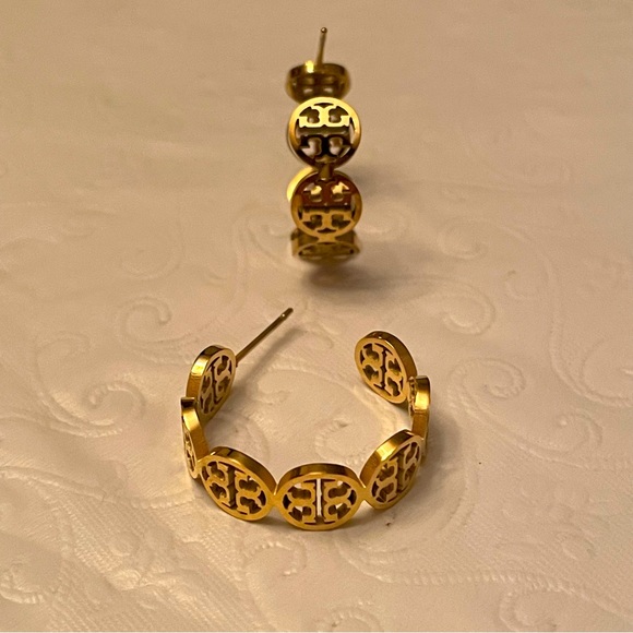 Tory Burch small gold multi logo hoop earrings - Picture 6 of 9